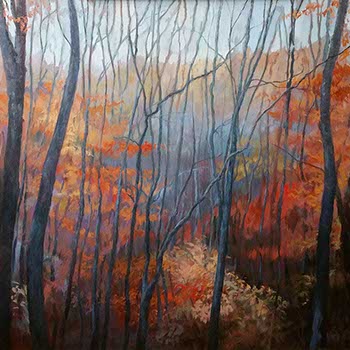 painting of tree trunks before an autumn forest