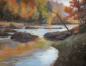 painting of a shallow river with boulders and autumn trees
