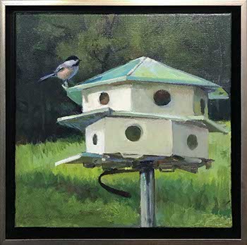 painting of a bird house and a Black-Crested Carolina Chickadee