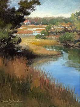 painting of marshes reflecting a blue sky and golden grasses in foreground