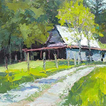 palette knife painting of a barn with foreground gravel driveway