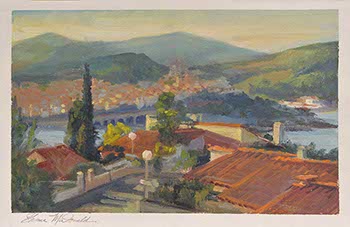 painting overlooking a Mediterranean village along the southern coast of France