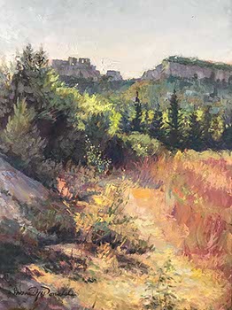 vertical painting of fields before distant mountains in Provence