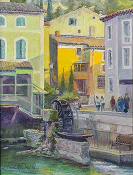 painting of a water wheel surrounded by old colorful buildings