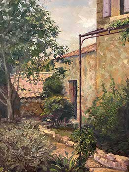 painting of a farm house garden path