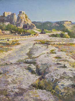 painting of foreground rock formation leading to an ancient fortress