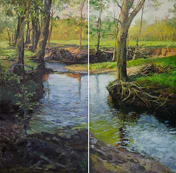diptych painting of a stream lined with trees with exposed roots
