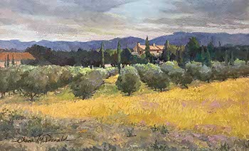 painting of an olive grove before a distant farm house in France
