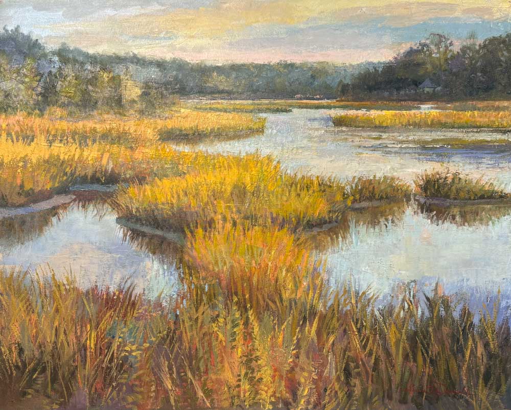 painting of marshland grasses during the golden hour over Virginia marshland