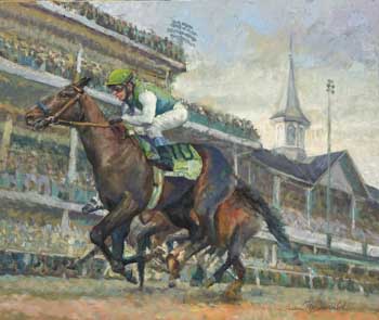 painting of thoroughbred horse leading a pack at Churchill Downs
