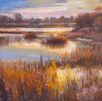painting with oranges and pinks in a sunset over Virginia marshland
