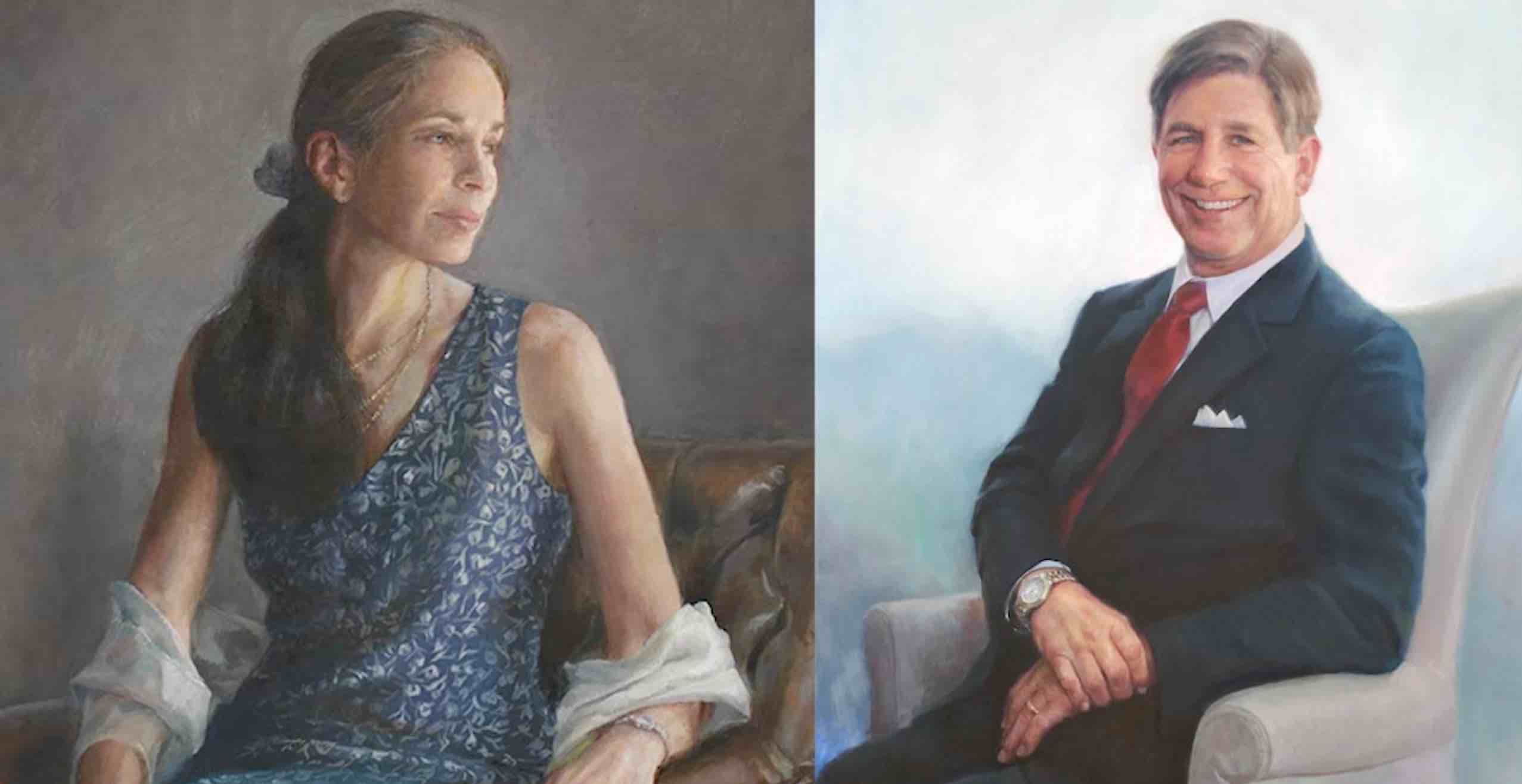 oil portrait painting detail of a woman next to an oil portrait painting detail of a man