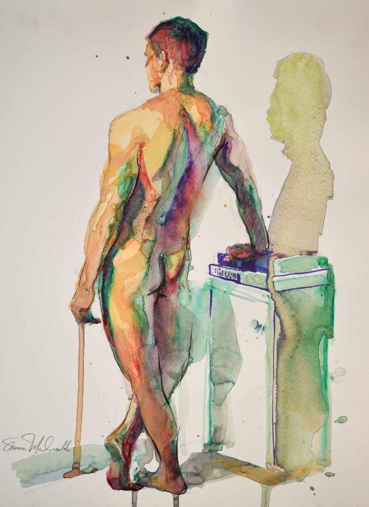 watercolor sketch of male nude's back