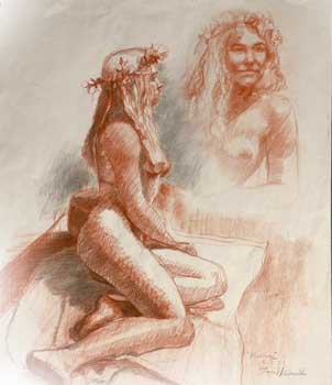 drawing of Asian female art model seated on a chair with an open book