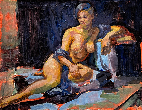 oil painting sketch of a young female with modern haircut reclining on pillows