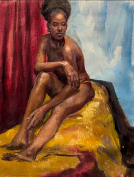 oil painting of black female art model seated with arm propped-up by her knee