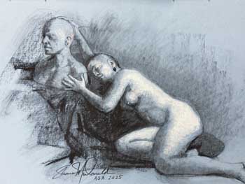 charcoal and chalk drawing of a reclining female model with hand resting on a plaster bust