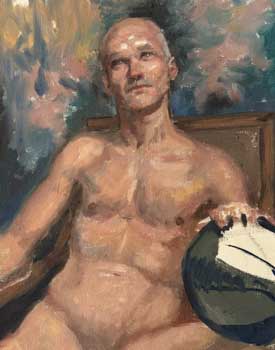portrait painting of male model sitting with a basketball