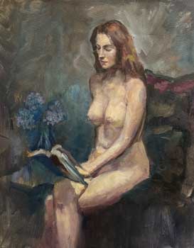 painting of a nude woman with long hair reading