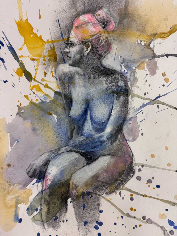 Mixed media artwork of a pink-haired female seated confidently in the nude