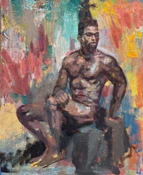 painting of a black male nude seated with a wild color background