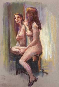 pastel drawing of a female nude seated and looking through a mirror