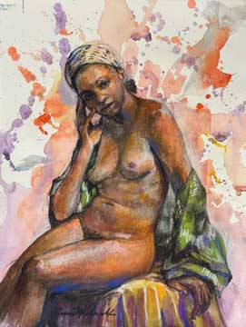 Mixed media artwork of a black female nude partially wearing a green robe