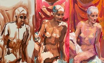 painting progress images of seated female art model with red-orange background