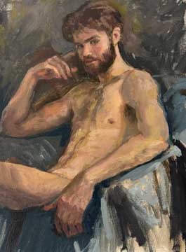 portrait painting of a young bearded man seated