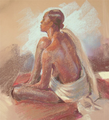 pastel drawing of a female nude seated and looking through a mirror