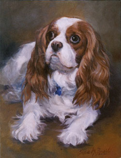 painting of a white and sable Cavalier King Charles Spaniel with a lazy eye
