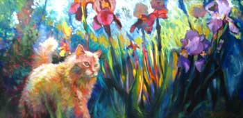 oil on canvas painting of an ant's eye view long-haired orange tabby prowling in a garden