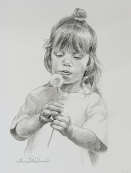 charcoal drawing of a little girl blowing on a dandelion