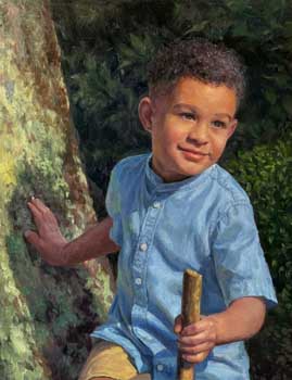 oil painting of a young mixed-race boy leaning against a moss-covered tree