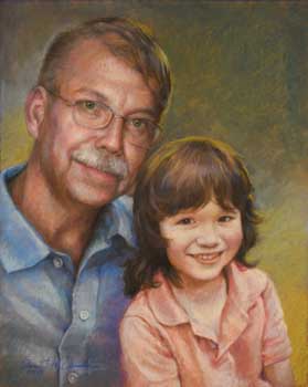 painting of an older man wearing glasses posed with his toddler grandson