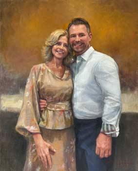 painting of a woman wearing a tan floral dress hugging her adult son wearing a white shirt