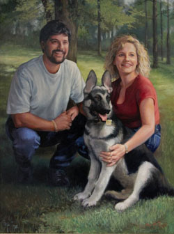 Casual fine art oil portrait of a man, woman, and German shepherd outdoors