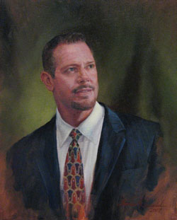 oil portrait painting of a man's head and shoulders in business attire