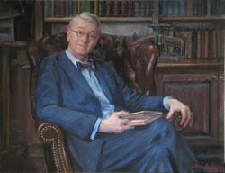 oil portrait of a male librarian wearing a blue suit and bow tie seated in a leather chair in a rare book room