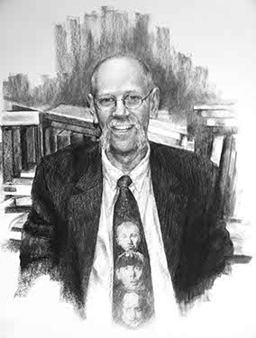 charcoal portrait of a man wearing a tie with the Three Stooges