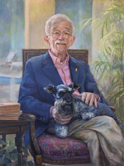 oil portrait painting of an elderly man seated on a chair wearing a navy blue blazer and pink shirt with a dog on his lap