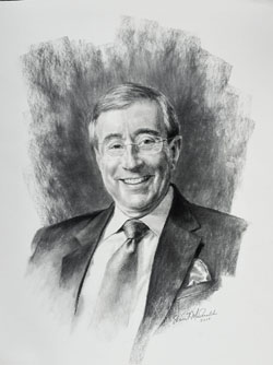 charcoal portrait drawing of a smiling man wearing coat and tie