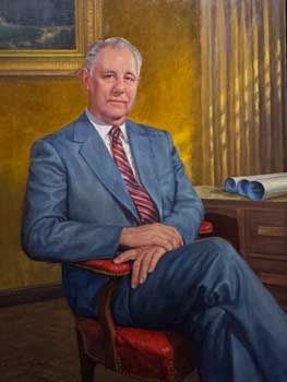 painting of an older man seated in a red leather chair with blueprints on a nearby desk and landscape painting in the background