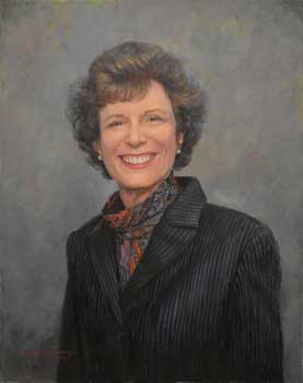 oil portrait painting of a smiling short-haired middle-aged woman wearing business attire
