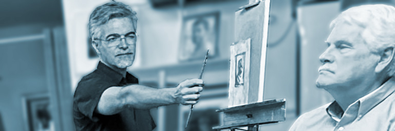 Shane McDonald sights a live portrait model using his paintbrush